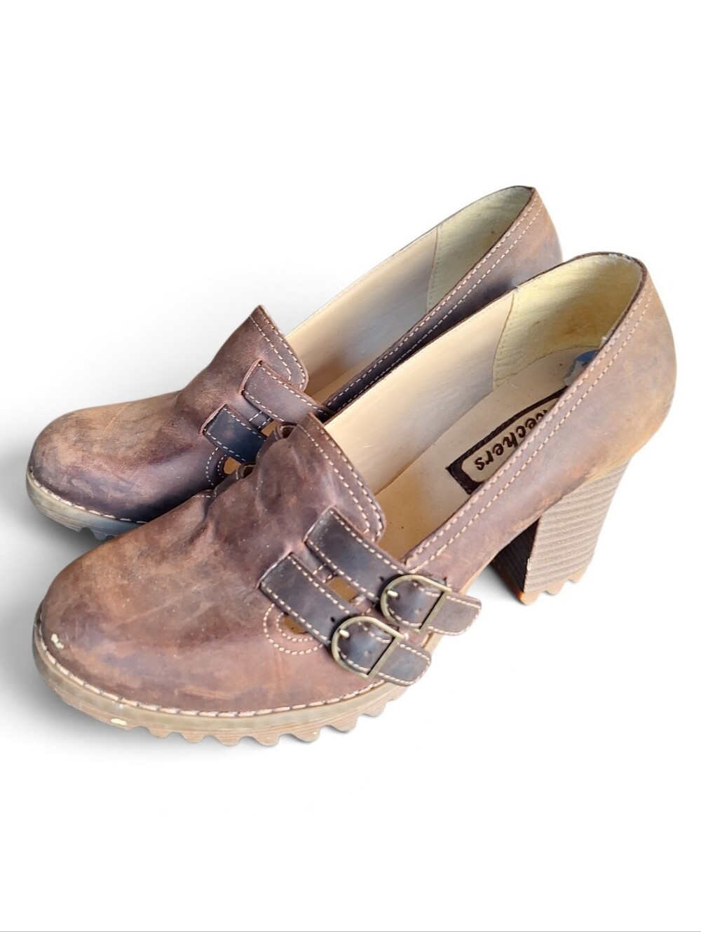 Y2K Chunky 90s Dark Academia Preppy Brown Leather Skechers Clogs 7.5 US Womens